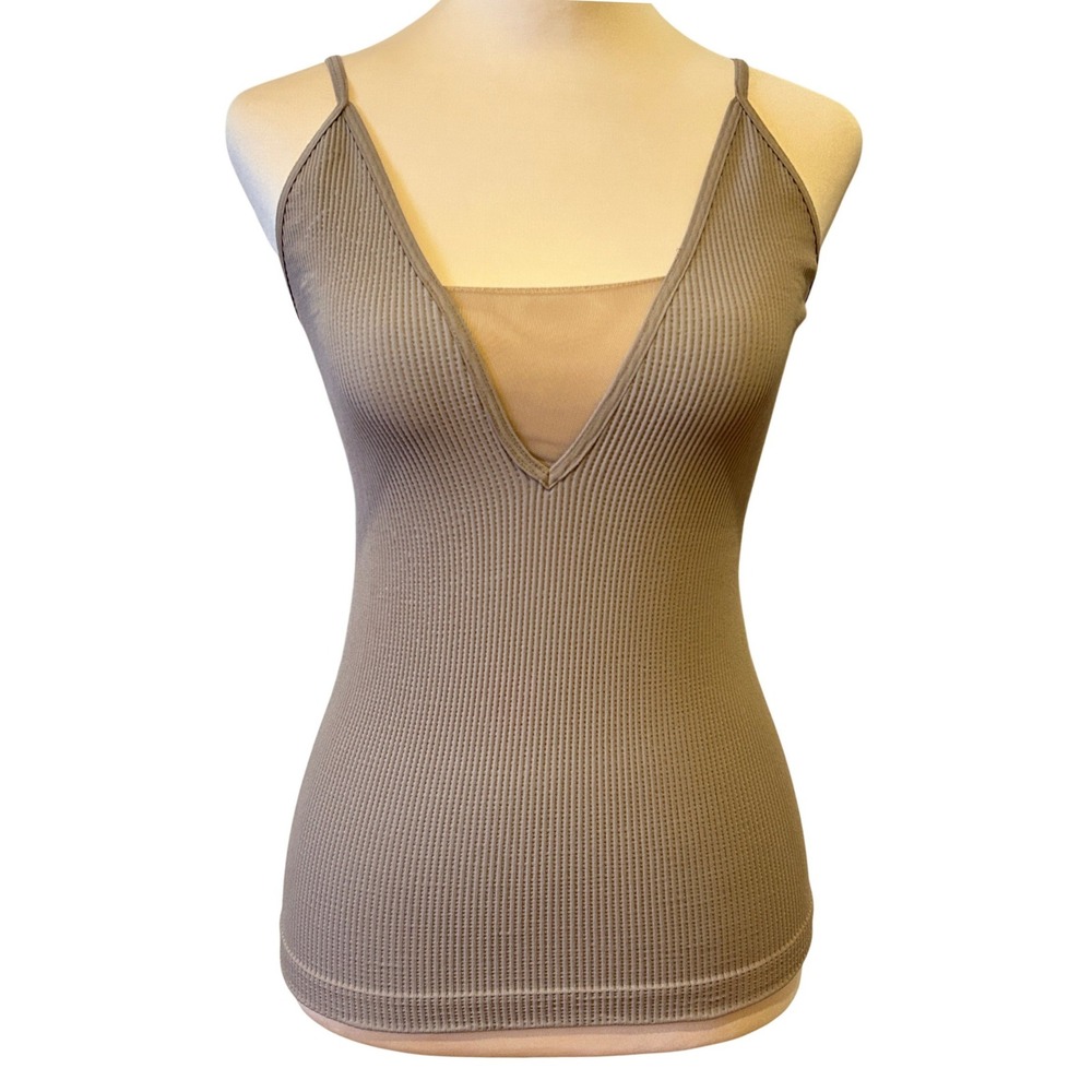 Intimately Free People Come Around Tank Top M/L Brown Ribbed V-Neck Mesh Cami